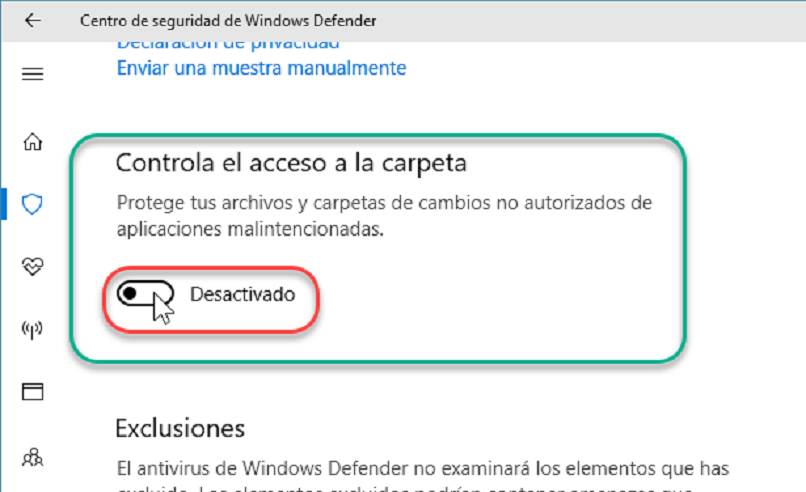 Acceso de Control de carpetas Windows 10