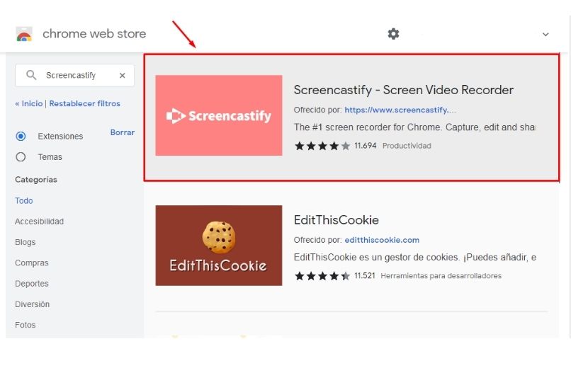 añadir extencion de screencastify en google chrome
