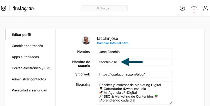 cambiar nombre de usuario personal en instagram