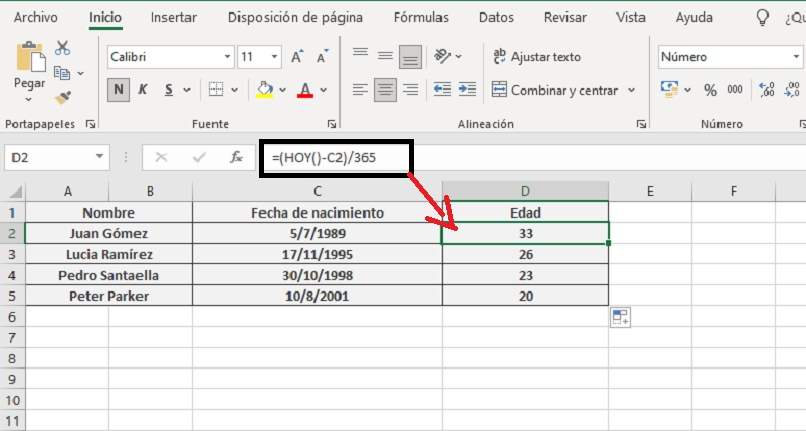Fórmula 'HOY' en Excel