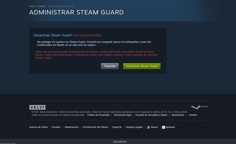 menu para desactivar el steam guard