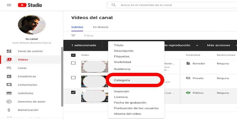 seleccionar categoria video